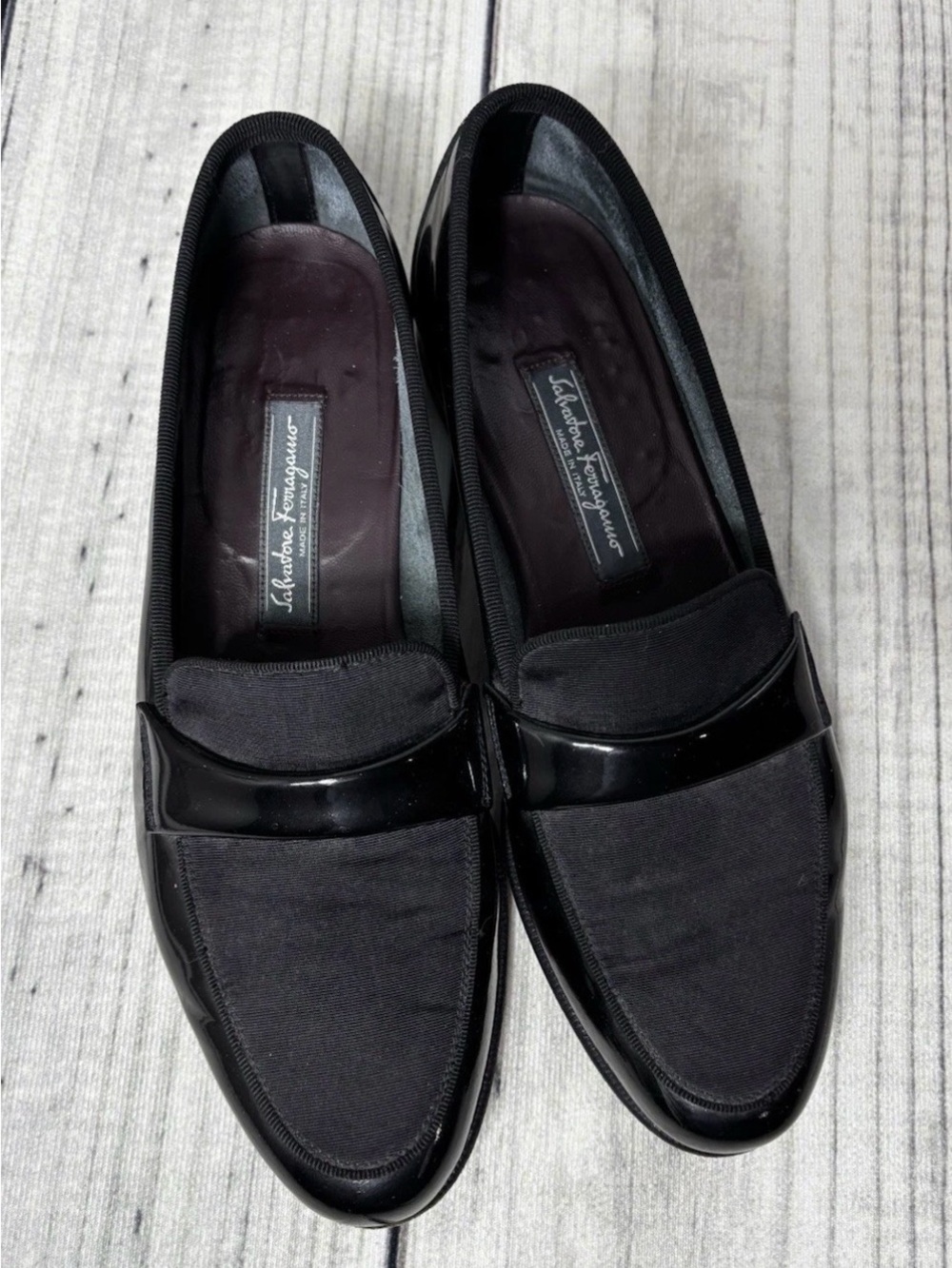 Salvatore Ferragamo Black Men's Slip-On Loafers with Patent Band